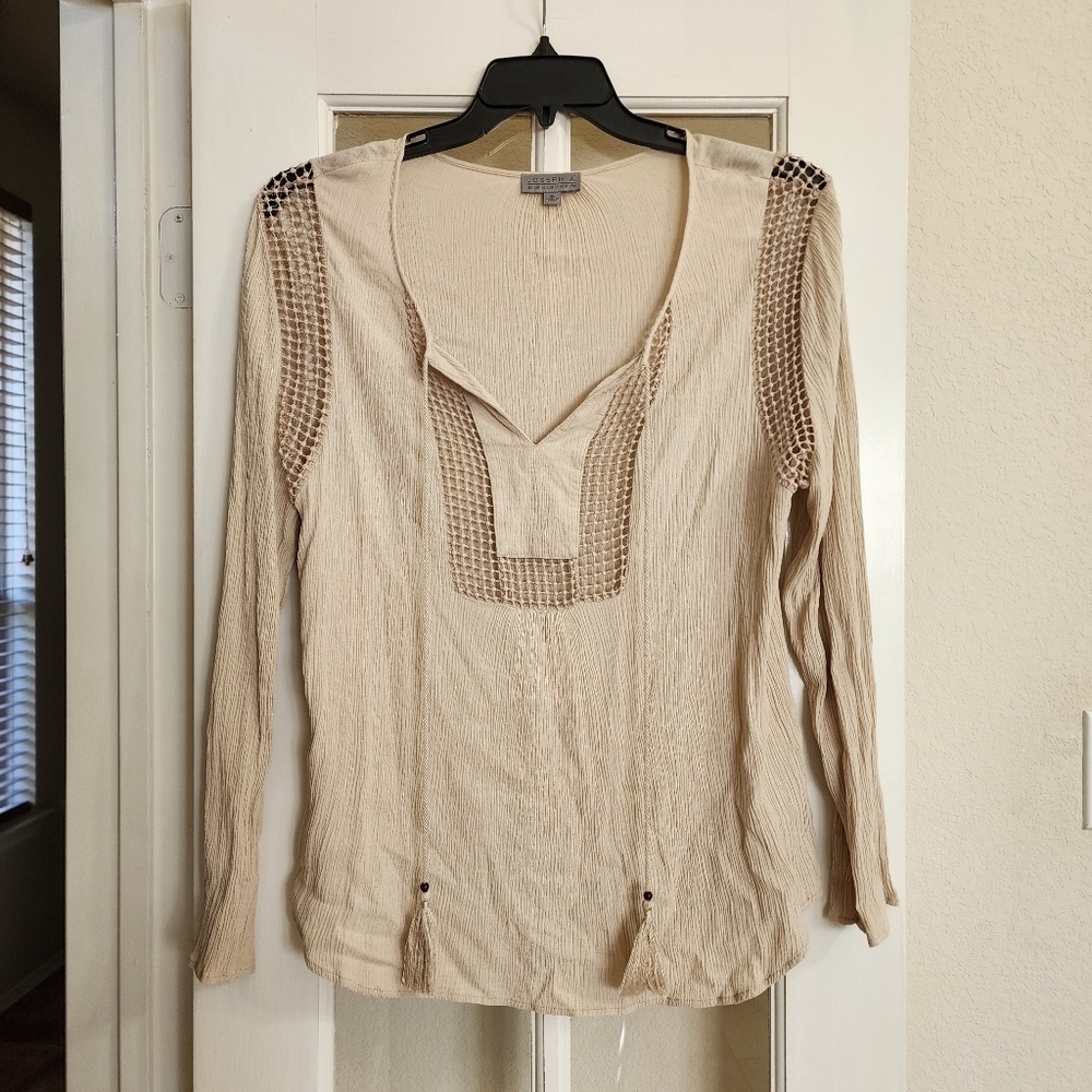 Joseph A. Crinkle Knit Boho Tassel Tie Mesh Insert Top XL Beige